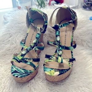 Stunning Ladies Wedge Heels. Tropical Green Print